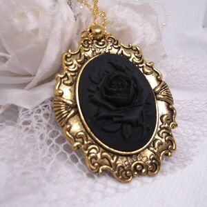 Gold Black on Black Rose Cameo Necklace Pendant